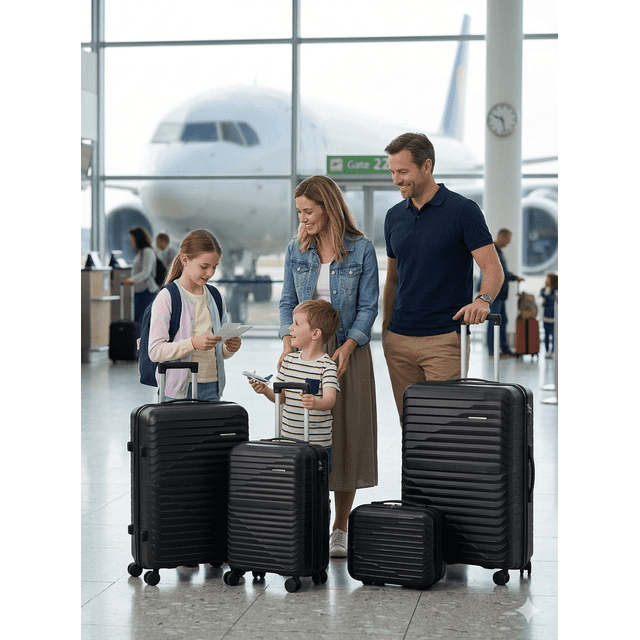 TRAVLR Monograph 4 Piece Luggage Set, Unbreakable Polypropylene Hardside Spinner Suitcase with 14" Vanity Case, Anti-Blast YKK Zippers, TSA Lock, Expandable Travel Bags (Black)