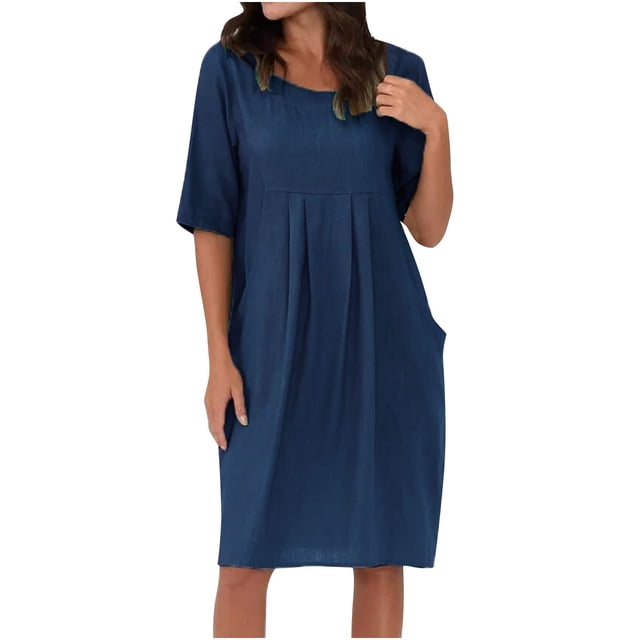 Admvng Robes Grande Taille pour Femmes Mode Décontractée Col Rond Couleur Unie Robe à Manches Courtes avec Poche P-5TG