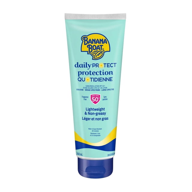 Banana Boat Daily Protect Lotion Solaire Quotidienne FPS 50+ en tube de 240 ml Bleu Pâle avec accents Jaunes et Bleu Marine, Offrant une protection à Grand Spectre contre les UVA/UVB, Sans Parfum, Légère, Formule Non Grasse et Résistante à l'Eau jusqu'à 80 minutes pour des Soins Solaires Quotidiens Efficaces.