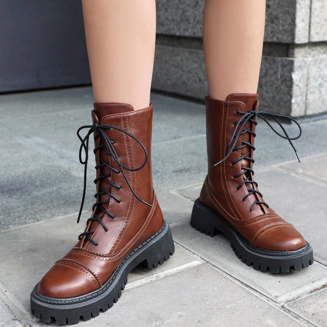 zhenglin Bottines à Lacets pour Femmes à Talon Bas Bout Rond - Bottillons Décontractés Style Britannique Audacieux pour l'Automne et l'Hiver, Design Tendance Chic Polyvalent avec Esthétique Douce et Cool