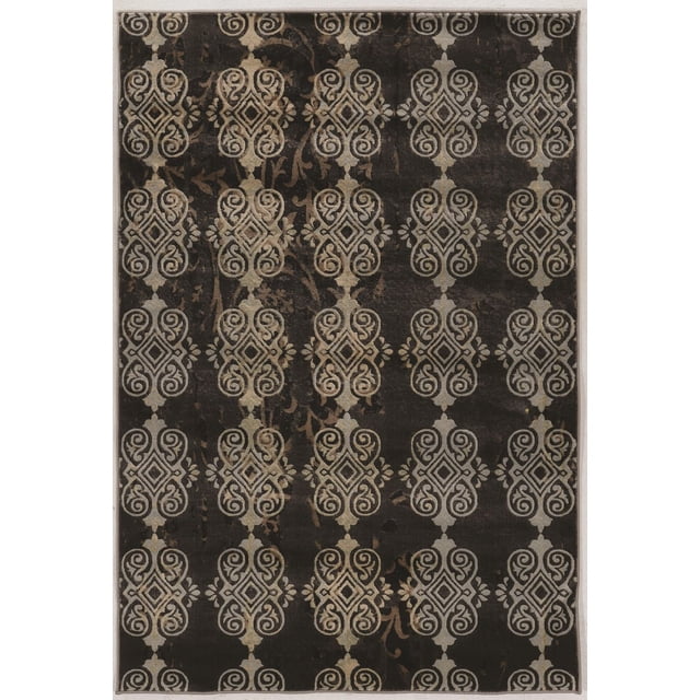 Jewel Royal Beige 5' x 7'6" area rug with a dark background and repetitive beige medallion pattern featuring scroll and diamond shapes, made of durable polypropylene in a transitional style ideal for accenting or defining room spaces.