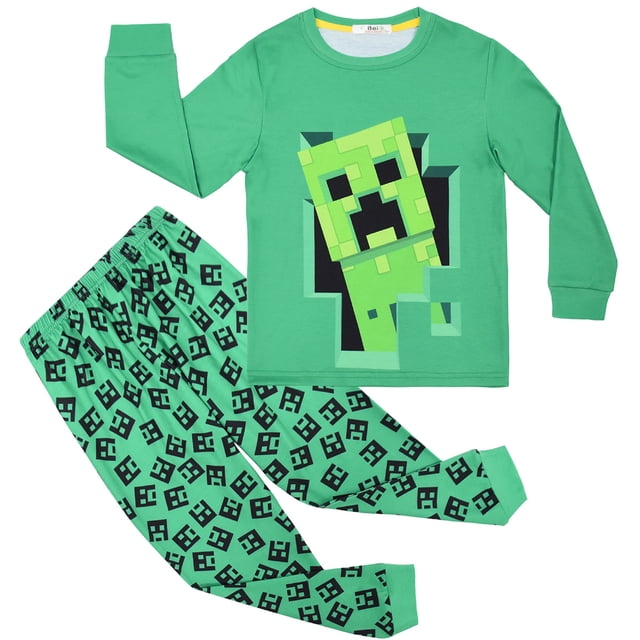 Kawell Pyjamas pour Garçons 4-15 Ans Enfants Minecraft Vêtements de Nuit, Lot de 2. Cet Ensemble Comprend un Haut Vert à Manches Longues avec un Grand Motif de Grenouillère Minecraft et un Pantalon Vert Assorti avec un Imprimé Visage de Grenouillère Partout. Fabriqué en Mélange Doux Polyester-Coton, l'Ensemble Offre une Coupe Ajustée avec une Encolure Ras du Cou et une Taille Élastique pour le Confort. Convient aux Garçons de 4 à 15 Ans, Cet Ensemble de Pyjama Lavable à la Machine Est Parfait pour Dormir Ou Se Détendre et Constitue un Cadeau Idéal pour les fans de Minecraft.
