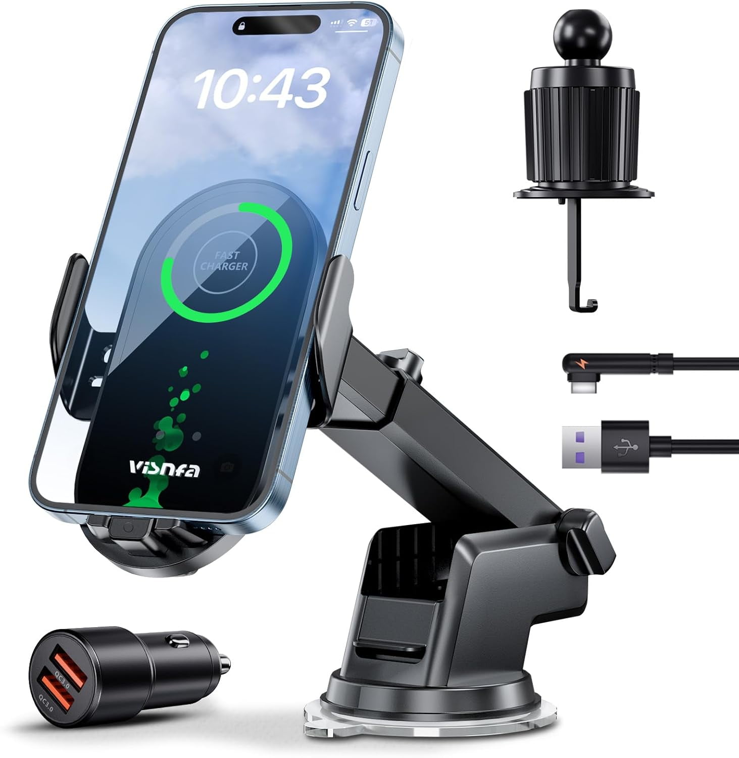 Wireless Car Charger, 15W Fast Charging Car Phone Holder Auto Clamping, Phone Mount for Car Dashboard Air Vent Windshield, for All iPhone Android (Black)