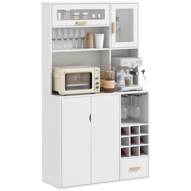 HOMCOM Hutch de Cuisine avec Rangement pour Vin Micro-Ondes Comptoir Tiroir Blanc
