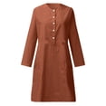 thumbnail image 4 of Daiosportswear Robe en Lin et Coton pour Femmes, Robe Chemise à Boutons à Manches Longues, Col Rond, Robe Habillée Décontractée Mini avec Robe Femme, Robes pour Femmes Brun 3X-Grand (TTTG), 4 of 5