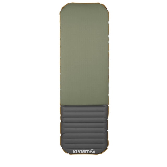 Klymit Klymaloft Sleeping Pad Regular in green and grey with a rectangular shape, featuring a plush foam topper and horizontal air chambers that provide pressure point relief and stable comfort for camping and outdoor use.