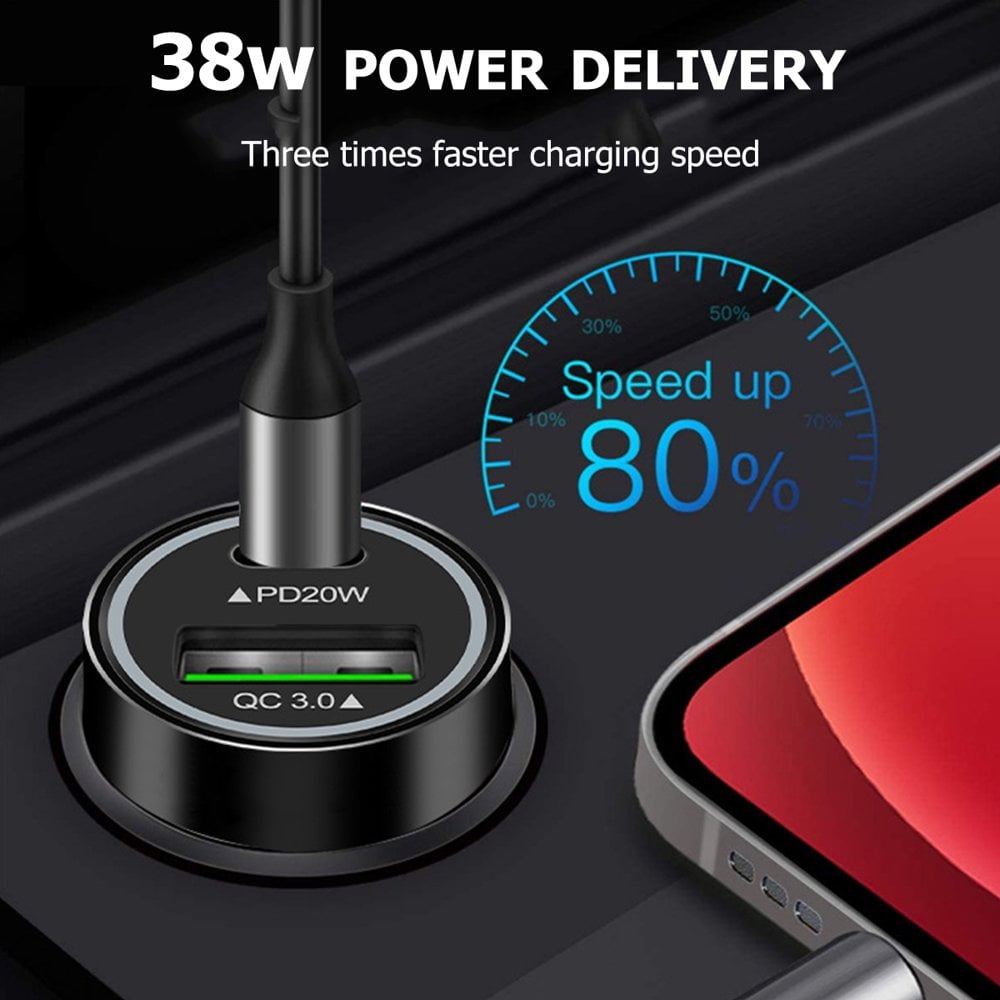 AMERTEER USB Car Charger 38W Car Charger PD 3.0 and QC 3.0 Fast Charging Output Dual Port Car Charger Adapter with LED Ambient Light Cigarette Lighter Adapter for Most Car & Smartphone