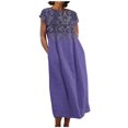 thumbnail image 2 of Meichang Robes en Lin pour Femmes 2024 Rétro à Imprimé Floral Coupe Ample Robes Midi Manches Courtes Col Rond Robes d'Été Décontractées Évasées Légères Confortables Longues Robes de Travail Violet TTTG, 2 of 5