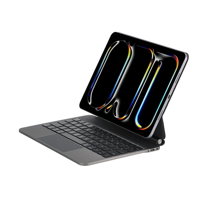 Magic Keyboard Case for iPad Air 11 inch (M3/M2, 2025/2024), iPad Pro 11 (4th/3rd/2nd/1st Gen) & iPad Air 5th/4th, shown in a side profile view. The case features a magnetic attachment, a multi-touch trackpad, and a backlit keyboard with scissor switch keys. The iPad is displayed in a laptop-like setup with the keyboard case, highlighting its versatility and productivity-enhancing design. The case also doubles as a protective cover for the device.
