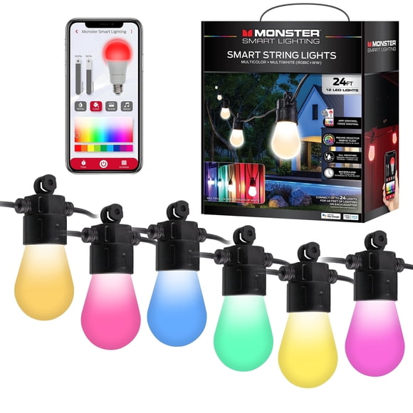 Refurbished Monster MOW7-1008-CAN Smart Outdoor String Lights, 24 ft with 12 Multicolor RGB + IC Flow LED Bulbs, Sound Reactive, App and Voice Control, Weather Resistant, MOW7-1008-CAN