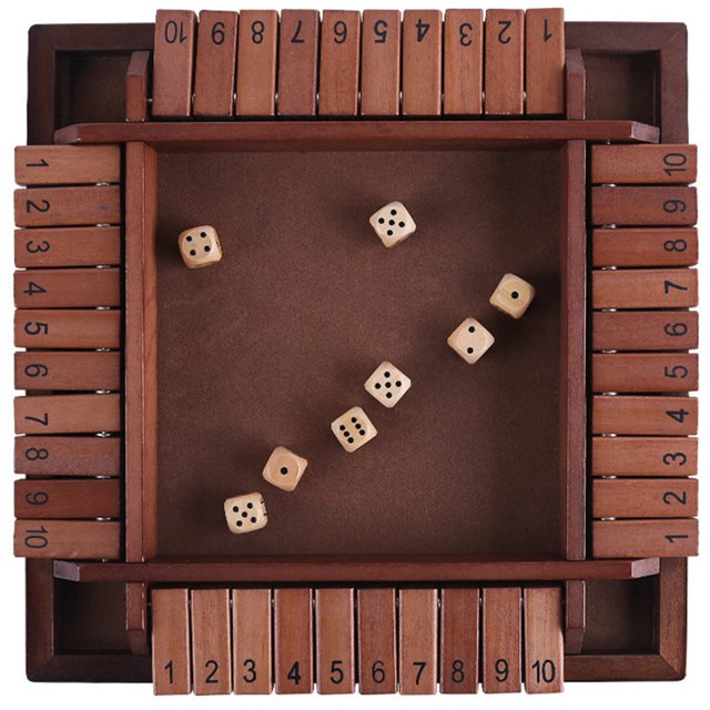 Shut the Box Game Funny Interactive 4-Player Wooden Dice Game Table Board Game, a classic family-friendly board game with a square wooden board featuring numbered tiles from 1 to 10 on each side. The board is light brown with a smooth finish, and several wooden dice are scattered across the center. Perfect for enhancing logical thinking, math skills, and hand-eye coordination for kids and adults.