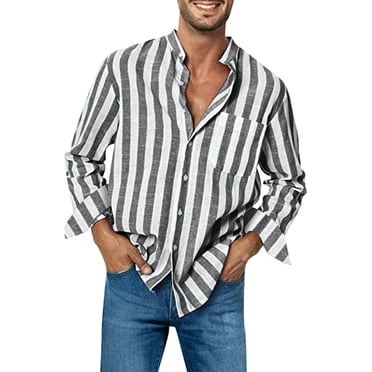 Hontri Chemises pour Hommes Mode Offres à Moins de 20 $, Mode Homme Décontractée Chemise à Rayures en Lin Col à Boucle Poche Manches Longues Haut Noir 3TG