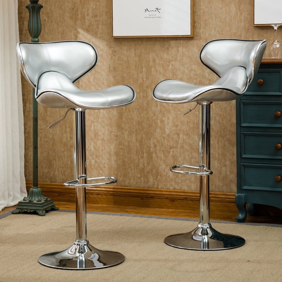 Roundhill Furniture Masaccio Cushioned Leatherette Upholstery Airlift Adjustable Swivel Barstool with Chrome Base, Set of 2, Silver