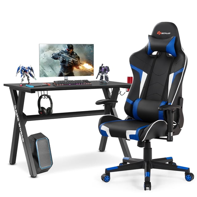 Goplus X-Shaped Gaming Desk & Racing Style Massage Chair Set Home Office Black+Blue