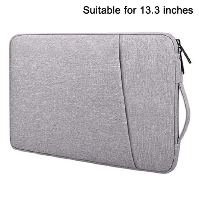 Laptop Sleeve Bag Compatible with Notebook, Computer, Water Repellent Protective Carrying Case with Pocket. Made of polyester and velvet in hemp gray color, suitable for 13.3-inch laptops. Features a soft-touch protective inner lining, anti-slip texture, and 360° shock-proof protection. Includes a convenient zipper design and a front compartment for accessories like chargers, cables, and pens.
