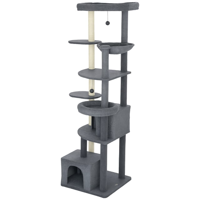 CoSoTower 79" Extra Tall Cat Tree with Scratching Posts, Perches, Caves, Hammock, Pompoms, for 2-3 Indoor Cats, Dark Grey