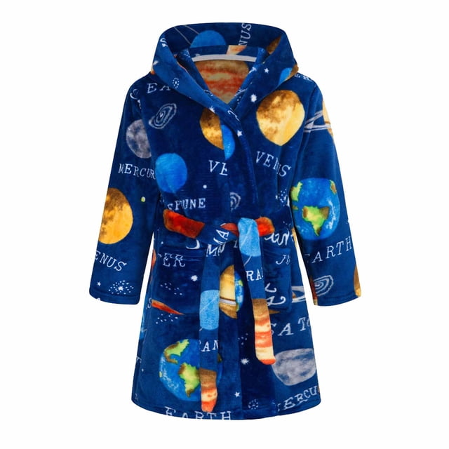 Dvkptbk Kids Fleece Hooded Bathrobes, Warm Graphic Soft Fuzzy Bath Robe for Kids Soft Robe Sleepwear with Belt 4-5 Years