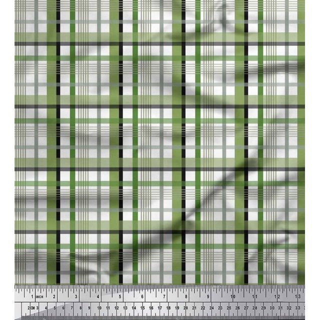 Soimoi Green polyester Crepe Fabric Gingham Check Print Fabric by the Yard 52 Inch Wide