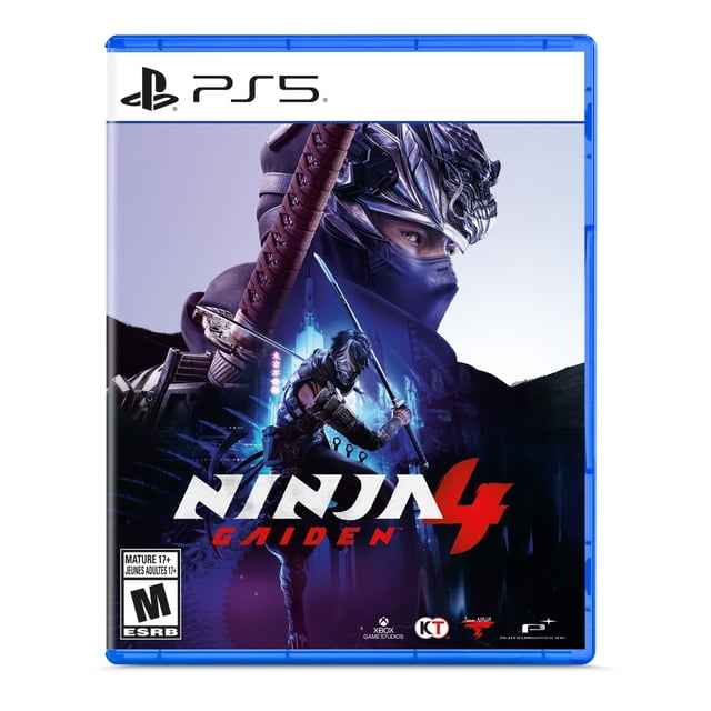 NINJA GAIDEN 4 – PlayStation 5 game cover featuring a ninja in tactical armor wielding a katana sword in a combat stance against a neon-lit futuristic cityscape, with a large armored figure in the background, highlighting intense action and stealth gameplay.