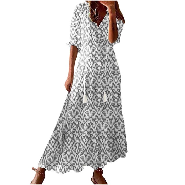 Penkiiy Robe d'Été Bohème pour Femme 2024 à Volants, Manches Courtes, Col en V à Franges, Volantée, Fluide, Ligne A, Maxi, S Gris