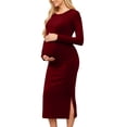 thumbnail image 1 of Robe de Maternité pour Femmes, Robe Midi à Manches Longues et Col Rond avec Fentes Latérales, Robe de Grossesse Douce et Extensible pour Baby Shower et Usage Quotidien, 1 of 6