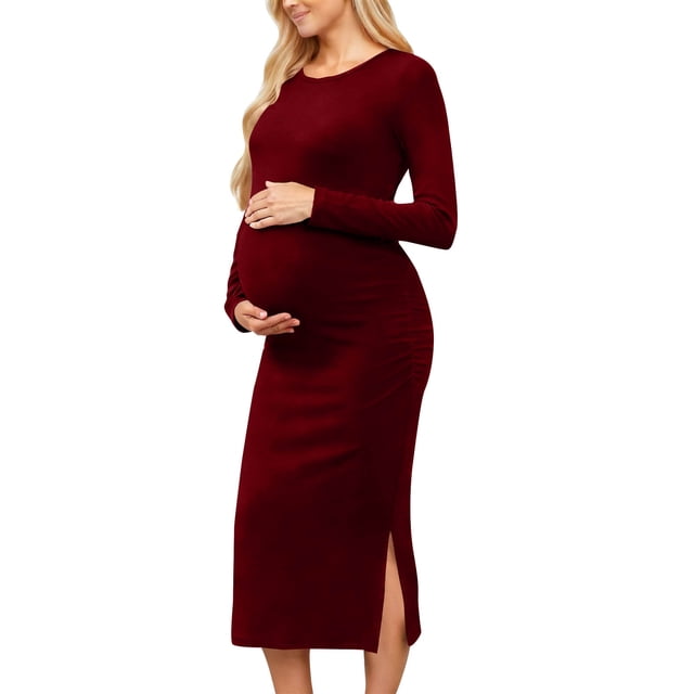 Robe de Maternité pour Femmes, Robe Midi à Manches Longues et Col Rond avec Fentes Latérales, Robe de Grossesse Douce et Extensible pour Baby Shower et Usage Quotidien