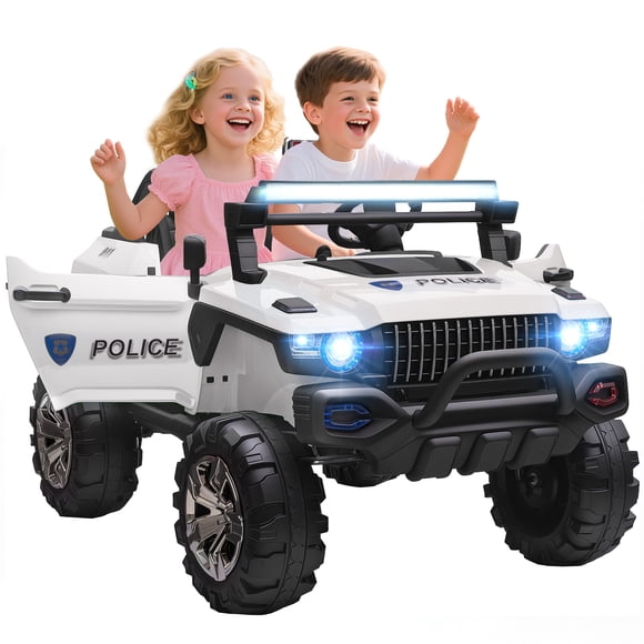 Aosom Voiture Électrique pour Enfants à 2 Places 12 V RC Camion de Police à 2 Places Voiture Électrique pour Enfants avec Lumières DEL Complètes, MP3, Télécommande Parentale (Blanc)