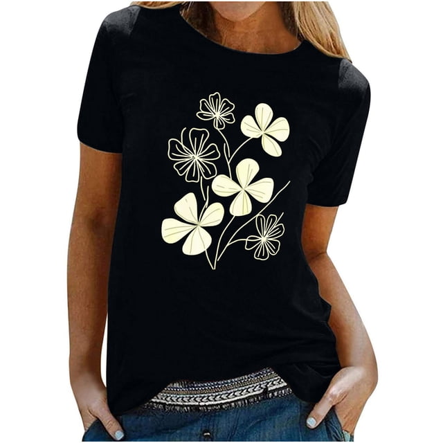 KIHOUT Nouveau Haut de Mode d'Été pour Femmes 2025, T-Shirt à Manches Courtes à Col Rond Décontracté à Imprimé Floral Noir P
