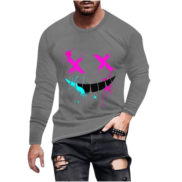 Haut Imprimé à la Mode pour Hommes avec Col Rond à Manches Longues et Visage Souriant Haut/chemise Impriméx