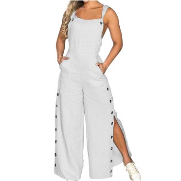 Penkiiy Salopette Combinaison pour Femme Décontractée Ample Sans Manches Bretelles Ajustables Bavette Jambe Grand Ensembles avec Poches TG Blanc
