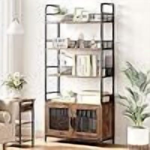 70.87 dans Bibliothèques industrielles avec portes, 4-Tier Bibliothèque en bois et métal avec armoire, étagère de rangement autonome pour salon, chambre à coucher, bureau