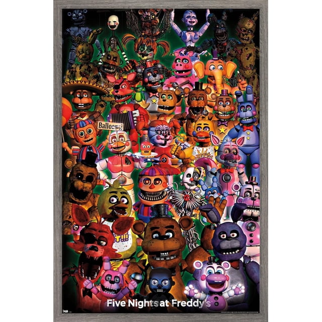 Five Nights at Freddy's - Affiche Murale de Groupe Ultime, 22,375 Pouces x 34 Pouces Présente une Affiche Encadrée Orientée vers l'Avant, Comprenant un Grand Ensemble de Personnages Animatroniques Colorés de la Série de Jeux, Dont Freddy Fazbear, Bonnie, Chica et Foxy. l'Affiche Affiche des Couleurs Vibrantes et des textures Détaillées sur un Fond Vert Foncé, Parfaite pour Décorer des Chambres, des Bureaux Ou des Dortoirs. Sa Finition Satinée de Qualité