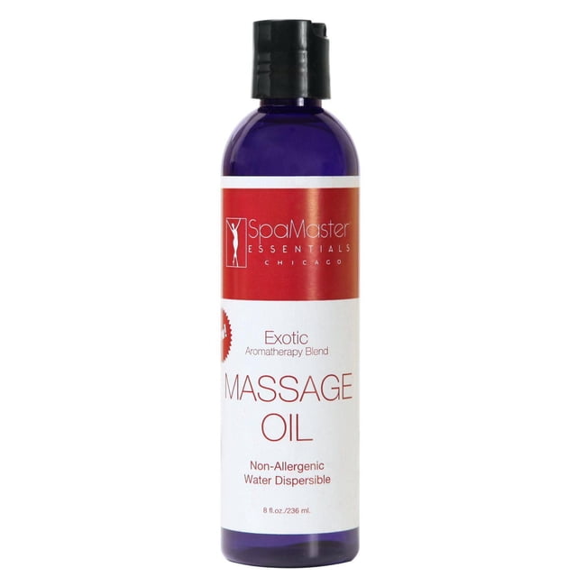 Master Massage Blend Exotic Dispersible Aromatherapy Oil Sensual Silky Fragrant 8 Oz in a front-facing purple plastic bottle with black flip-top cap, white and red label showing SpaMaster Essentials Chicago logo, non-allergenic, water-dispersible massage oil designed for smooth, sensual aromatherapy massage and easy washing from sheets.