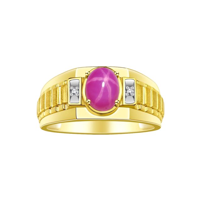 RYLOS Men's Rings 14K Yellow Gold Ring Classic Designer Style 8X6MM Oval Gemstone & Diamond Ring Star Ruby July Birthstone Rings For Men Size 10