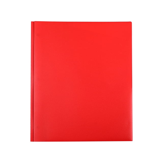Red plastic folder with pockets, letter size file folder and document organizer, ideal for office or school supplies. Heavy-duty portfolio with a card slot, designed for storing and protecting papers.