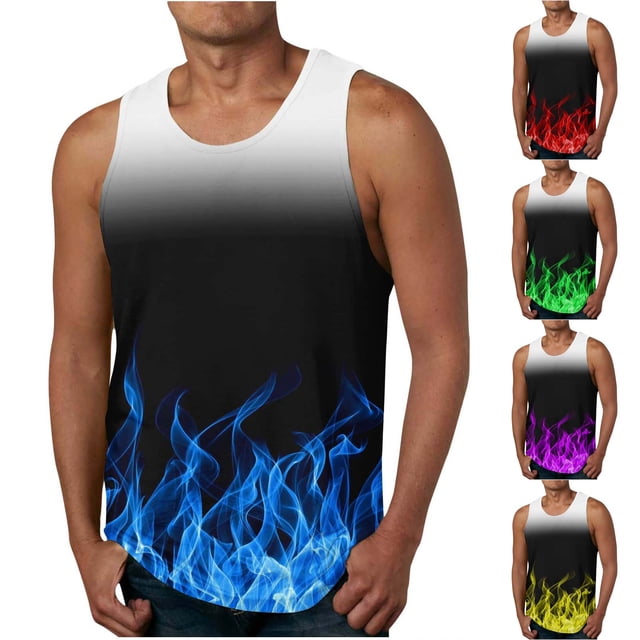 Qertyioot Independence Day Men Casual Fashion Gradation Printing Pullover Round Neck Sports Tank Tops