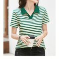 thumbnail image 5 of Fgnfyis T-Shirt à Manches Courtes Rayé pour Femme, Col Rond Décontracté, Haut pour Usage Quotidien Printemps Été Automne, Blouse Confortable avec Design de Col Classique, Hauts pour Femmes Décontractés Vert TTG, 5 of 5
