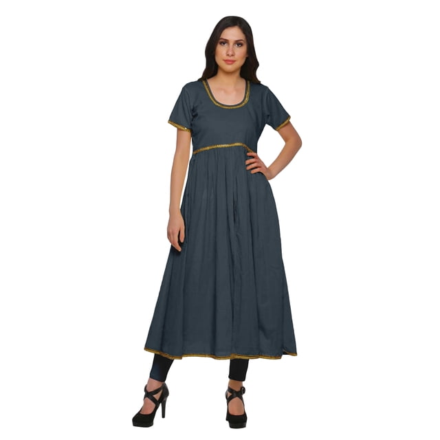 Moomaya Kurta à Manches Courtes Uni Femmes Robes d'Été Longues Kurti Robe Ethnique