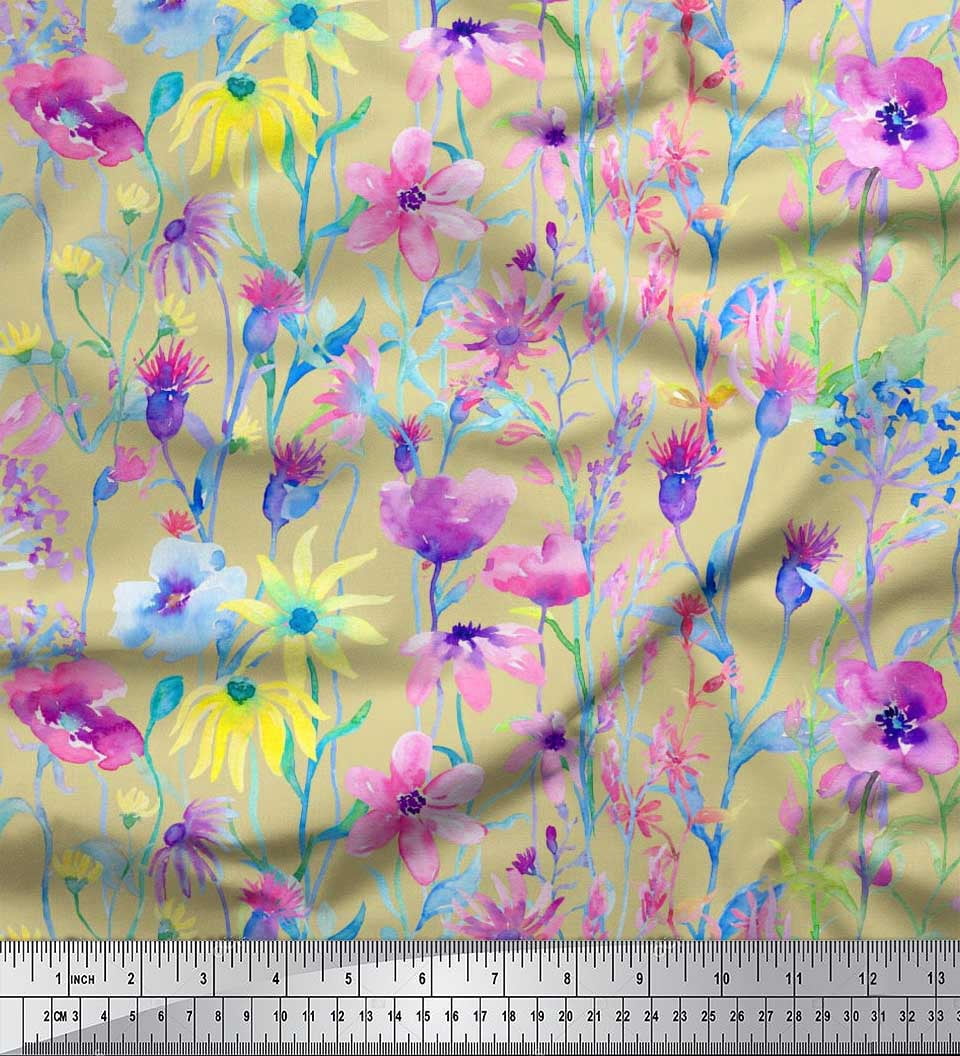 Soimoi Polyester Crepe Fabric Flower Watercolor Printed Craft Fabric by The Yard 52 Inch Wide