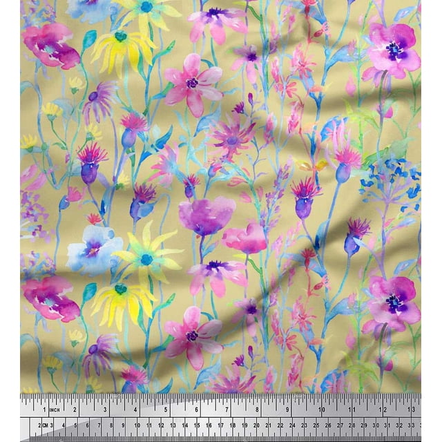 Soimoi Poly Georgette Fabric Flower Watercolor Fabric Prints by Yard 52 Inch Wide