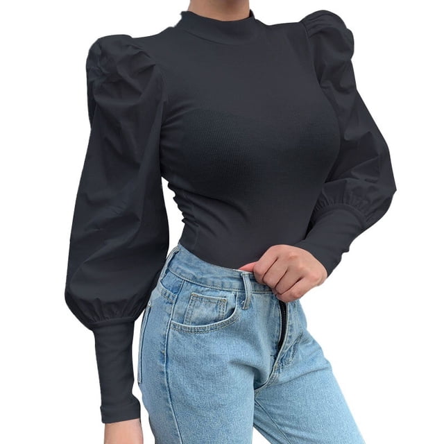 Femmes Dames Hauts à Manches Bouffantes Chandail Blouse Ample Chandail Côtelé Chemise