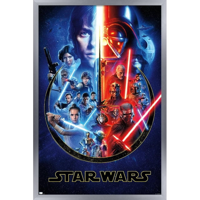 Star Wars - Skywalker Saga Wall Poster, 22.375" x 34" with a split blue and red design. The left side shows characters with blue lightsabers, blasters, and droids including Yoda, C-3PO, and R2-D2 against a starry space background. The right side features characters with red lightsabers and helmets like Darth Vader and Kylo Ren, with the Death Star and Star Destroyers in the background. The poster is framed in silver with the Star Wars logo at the bottom, ideal for decorating rooms or fan spaces.