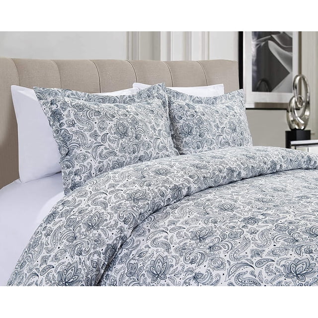 Mocassi 3-Piece Duvet Set, Paisley Design, Comforter Cover with Corner Ties & Button Closure, King/California King, Navy Blue