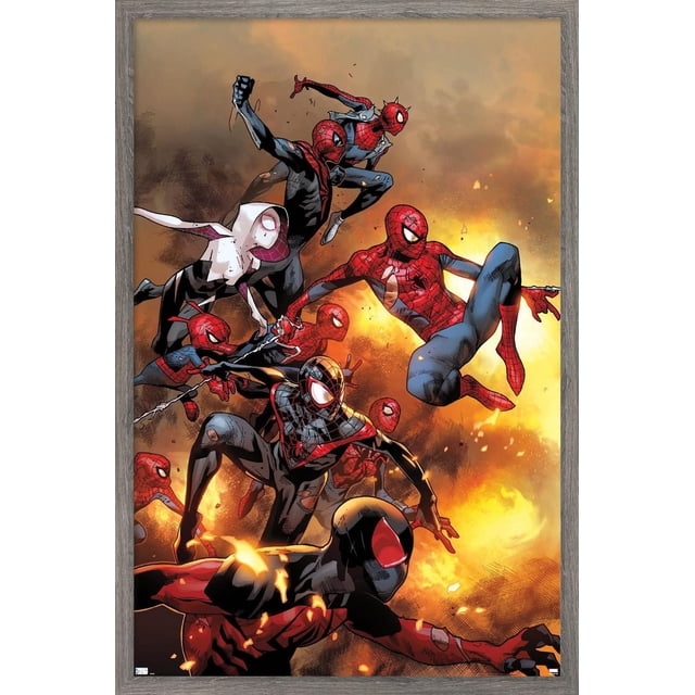 Marvel Comics - Spider-Verse - The Amazing Spider-Man #13 Affiche Murale, 22,375 Pouces x 34 Pouces Encadrée, Représentant Plusieurs Personnages Spider-Man dans des poses d'Action Dynamiques sur un Fond orange et Jaune Ardent avec un Cadre en Bois Gris, Idéal pour l'Art Mural, la Déco de Pièce et des Affiches et Impressions d'Art.
