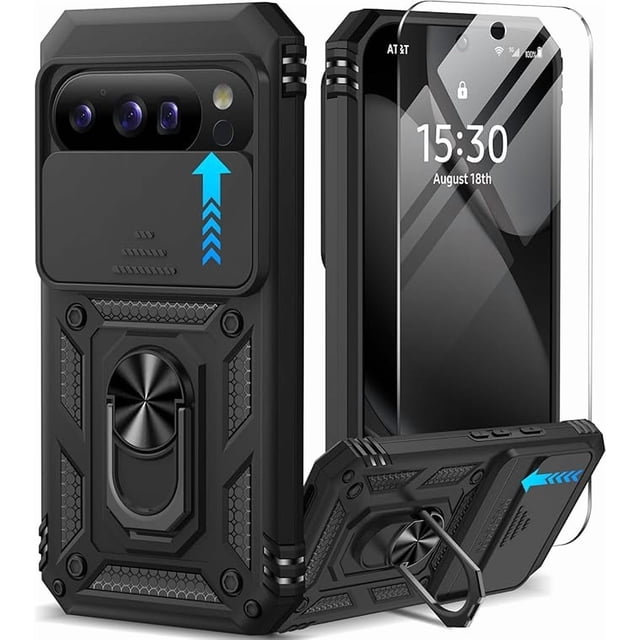 MUKO for Google Pixel 10 Case/Pixel 10 Pro Case with Screen Protector & Slide Camera Lens Cover,Built-in Ring Stand Protective Phone Case for Pixel 10 Case/Google Pixel 10 Pro Case Black