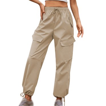 QUYUON Loose Pants for Women Summer Solid Pocket Bandage Elastic Waist Fashion Casual Full Length Pants Wide Leg Dress Pants for Women Long Pant Leg Length Jegging Pant Style N-2956 Khaki M