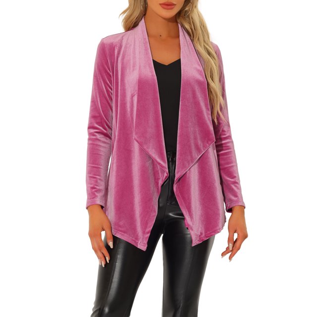 INSPIRE CHIC Cardigan en Velours Extensible pour Femme à Col Châle, Ouvert à l'Avant, avec Poches, m Rose