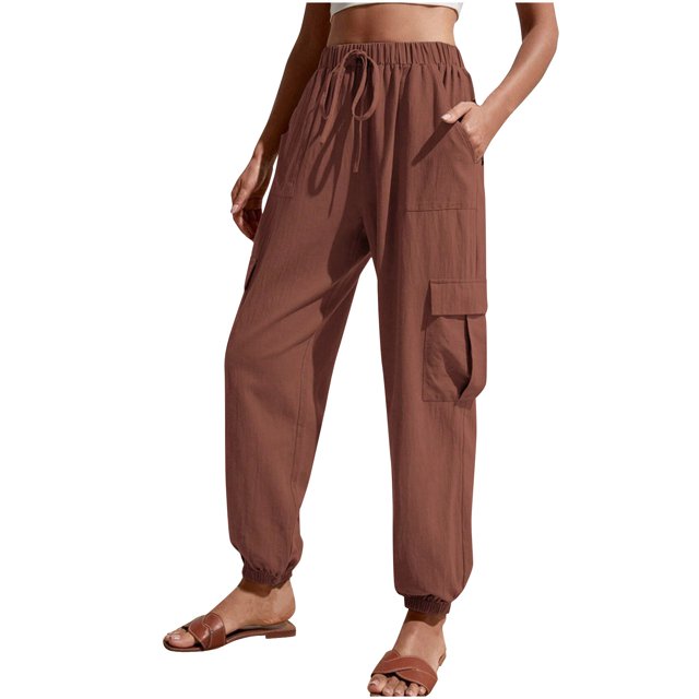 AherBiu Pantalons Taille Haute pour Femmes avec 4 Poches Printemps Automne Décontracté Ample Bas Resserré