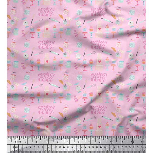 Soimoi Pink Poly Georgette Fabric Cupcake Party Printed Fabric 1 Yard 52 Inch Wide