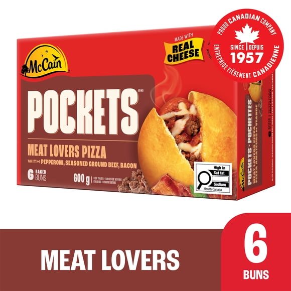 McCain® Pizza Pockets® Meat Lovers Pizza Pockets, 6 pack, Made in Canada from domestic and imported ingredients, 6 x 100g